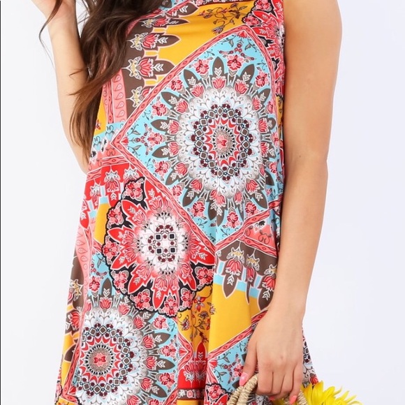 Boho High Mock Neck Patchwork Sleeveless Babydoll Dress - Picture 3 of 5